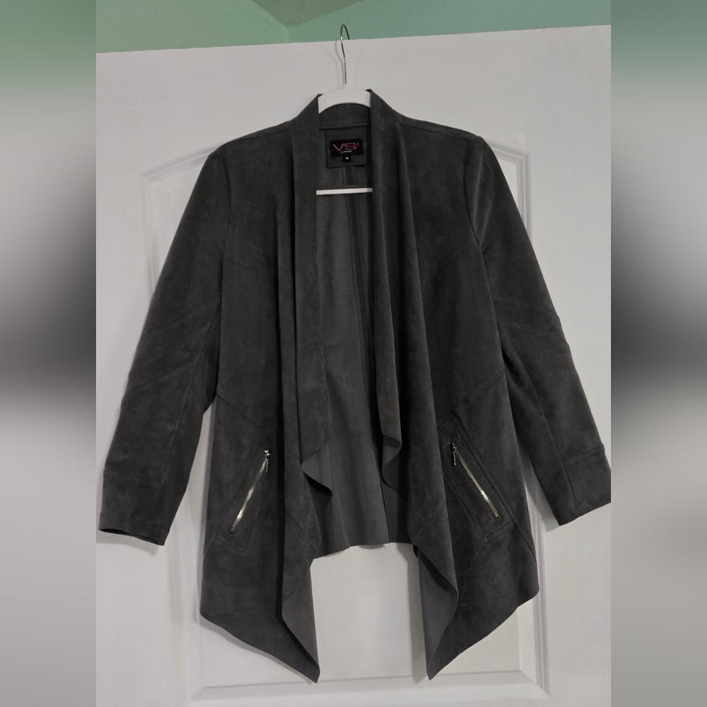 Vs2 By Vakko Faux Suede Jacket Gray Draped Women's Cape Size M